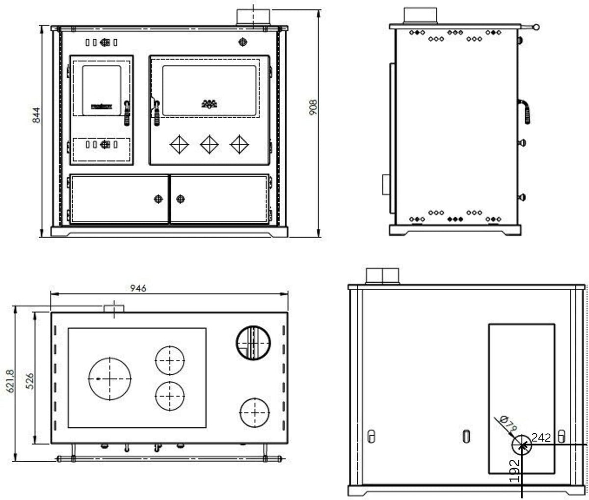 Estufa de leña Practik Lux de metal, 9,5 kW, con compartimento y placa de cocción