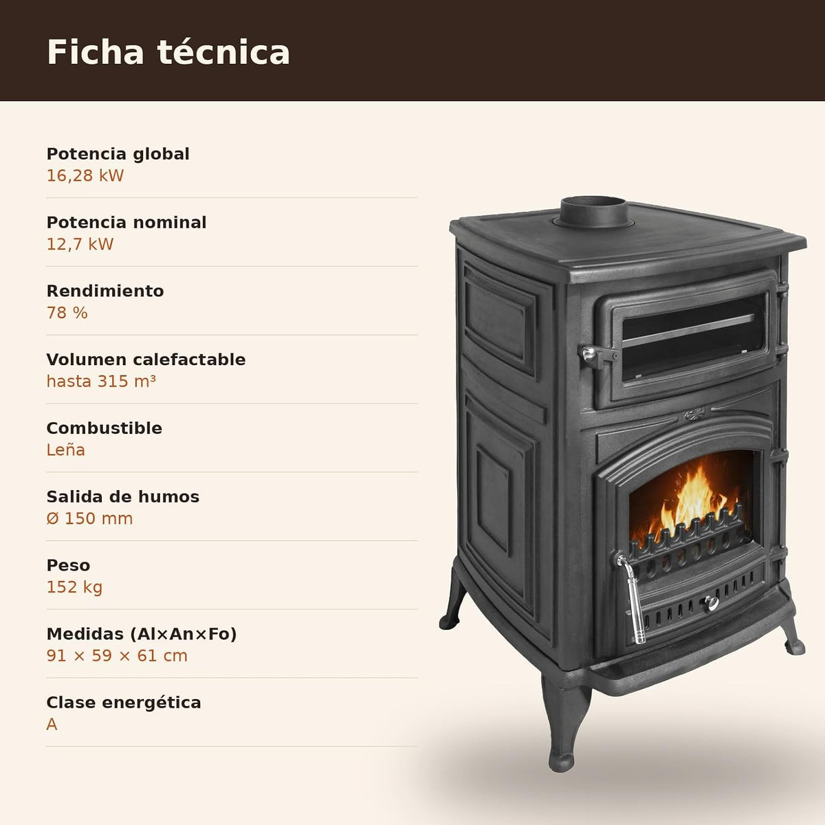 Estufa Leña ANTARES IRON con Horno – 18,26 kW (máx. 24,28 kW)