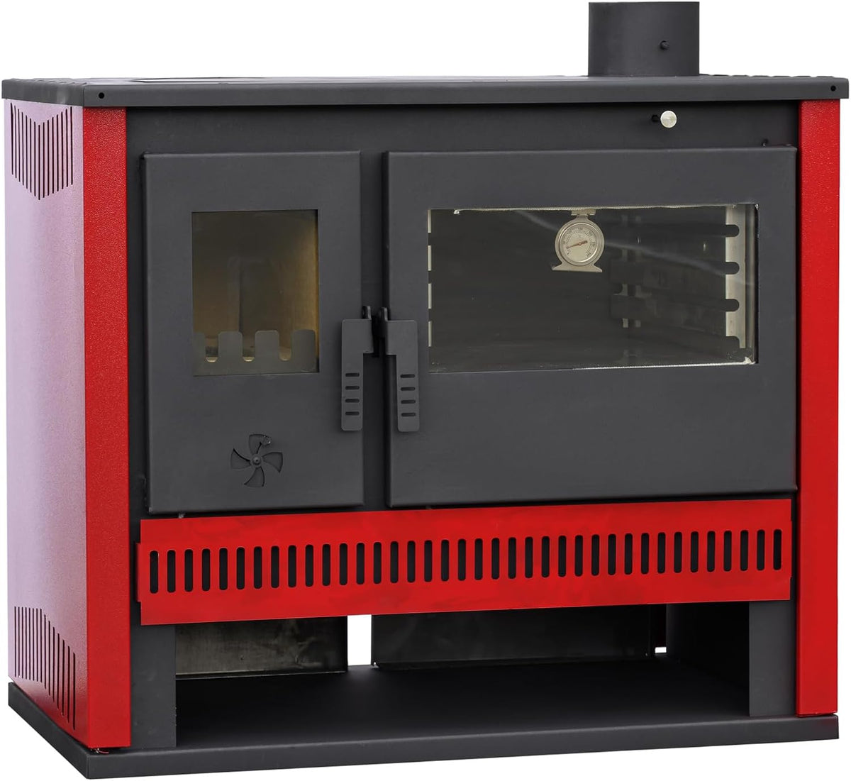 Estufa de leña de 15 kW, color rojo burdeos, horno permanente con función de cocción y horneado