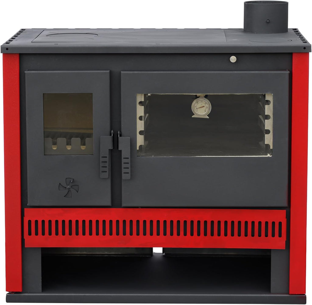 Estufa de leña de 15 kW, color rojo burdeos, horno permanente con función de cocción y horneado