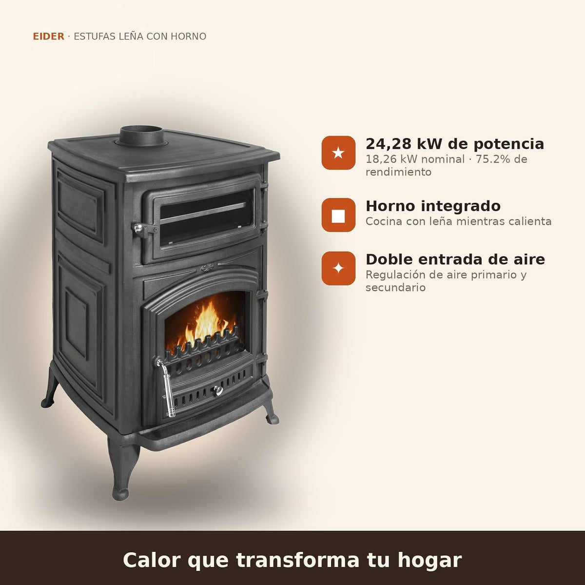 Estufa Leña ANTARES IRON con Horno – 18,26 kW (máx. 24,28 kW)