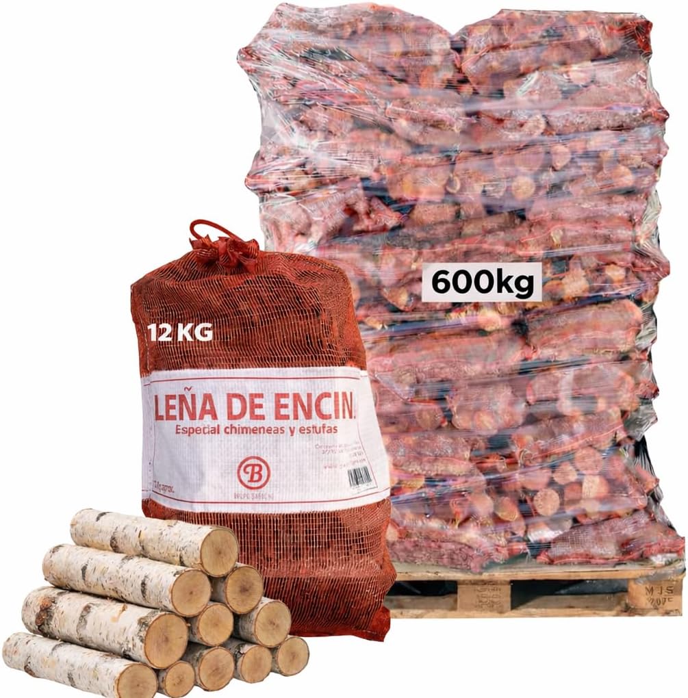 Palet 50 Sacos Leña Encina 12kg Alta Densidad 600kg Total Madera Dura Natural Fuego Lento Calor Intenso&nbsp;