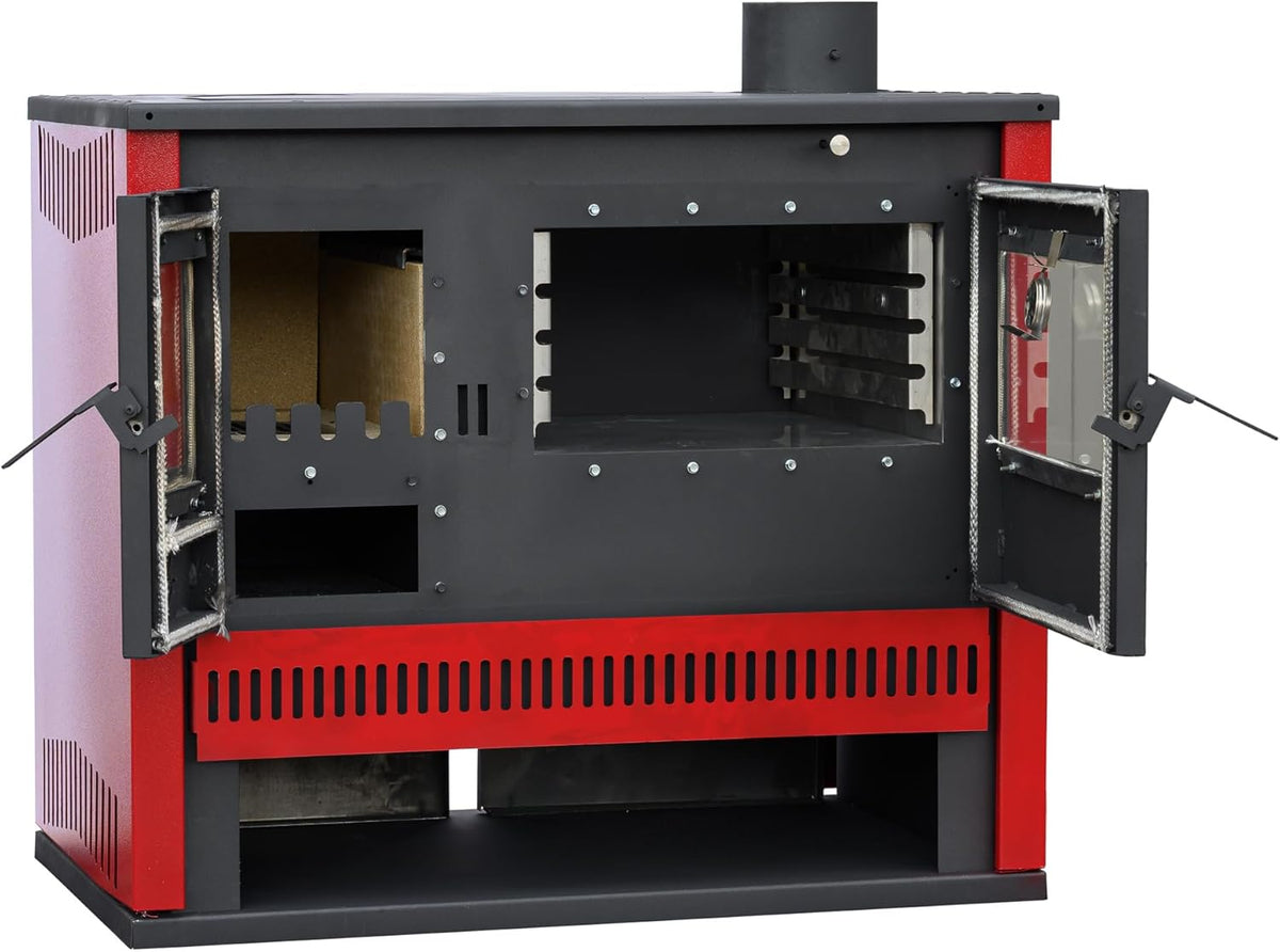 Estufa de leña de 15 kW, color rojo burdeos, horno permanente con función de cocción y horneado