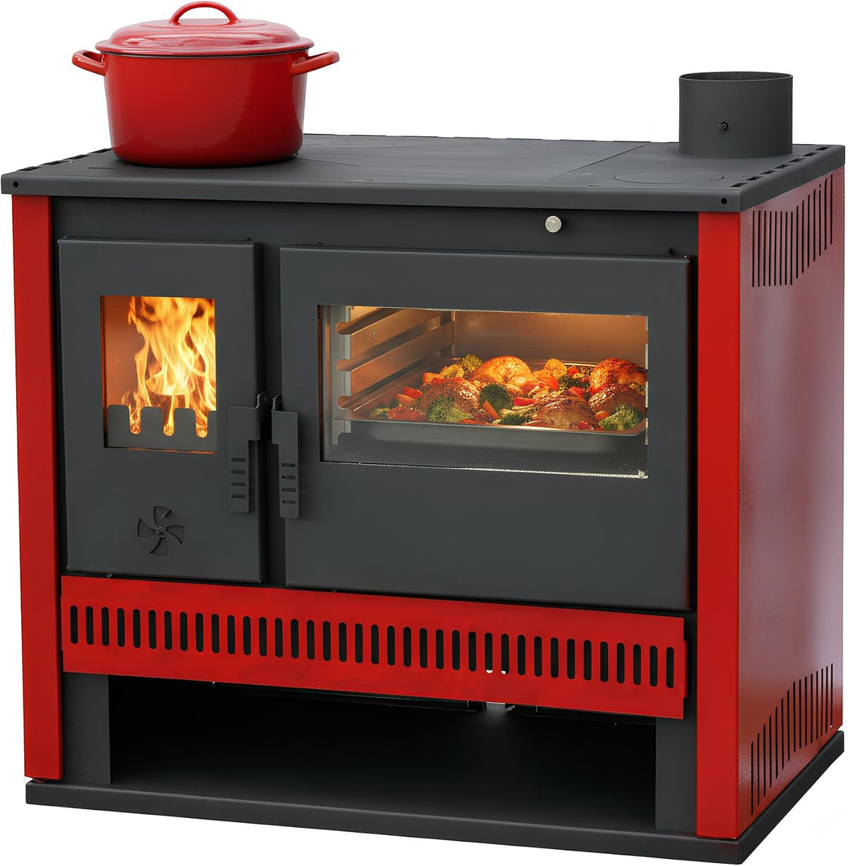 Estufa de leña de 15 kW, color rojo burdeos, horno permanente con función de cocción y horneado