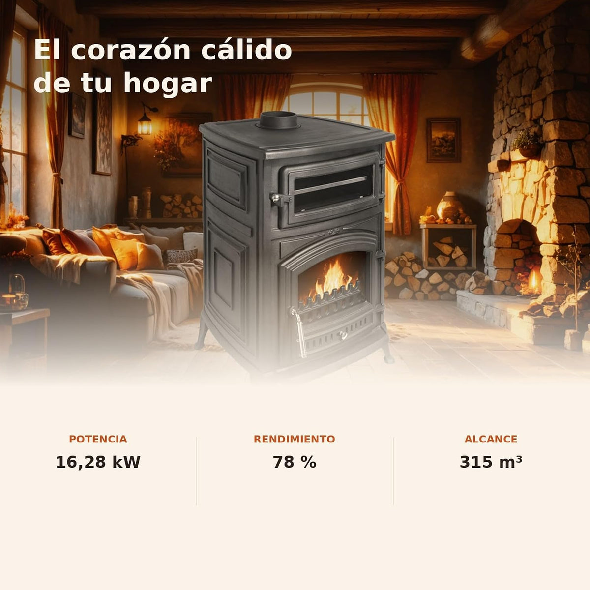 Estufa Leña ANTARES IRON con Horno – 18,26 kW (máx. 24,28 kW)