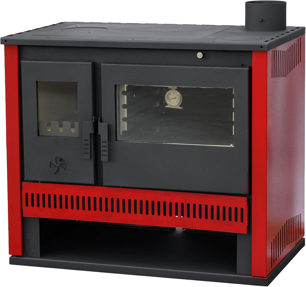 Estufa de leña de 15 kW, color rojo burdeos, horno permanente con función de cocción y horneado