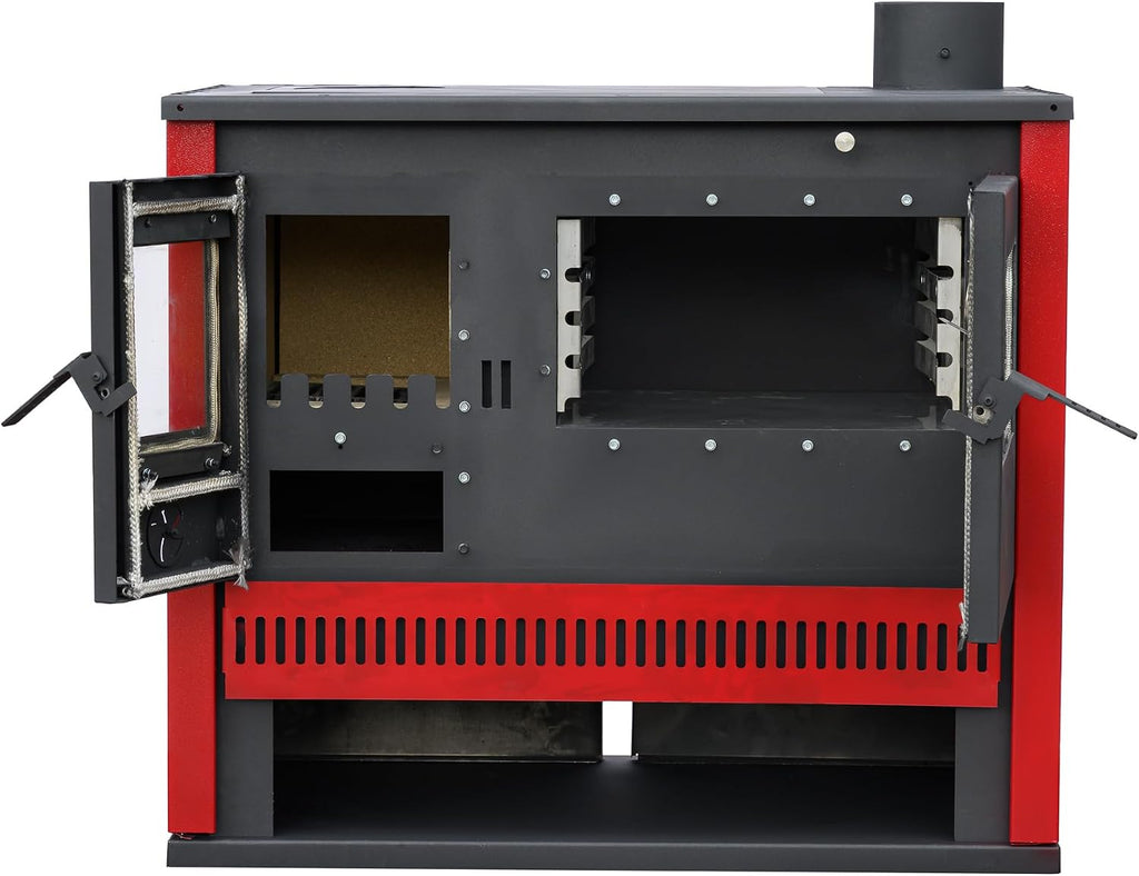 Estufa de leña de 15 kW, color rojo burdeos, horno permanente con función de cocción y horneado