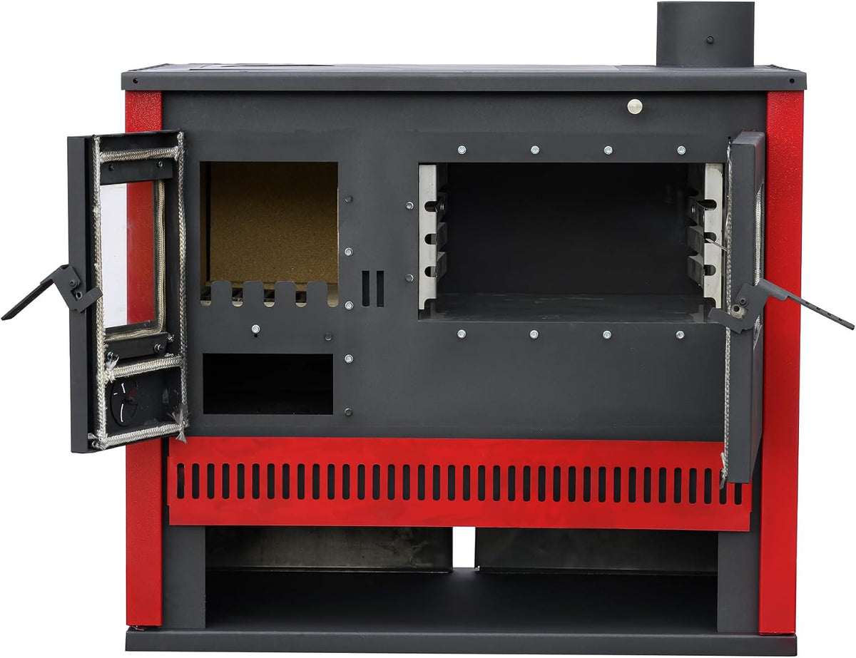 Estufa de leña de 15 kW, color rojo burdeos, horno permanente con función de cocción y horneado