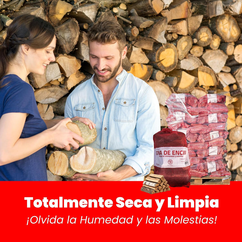 Palet 50 Sacos Leña Encina 12kg Alta Densidad 600kg Total Madera Dura Natural Fuego Lento Calor Intenso&nbsp;