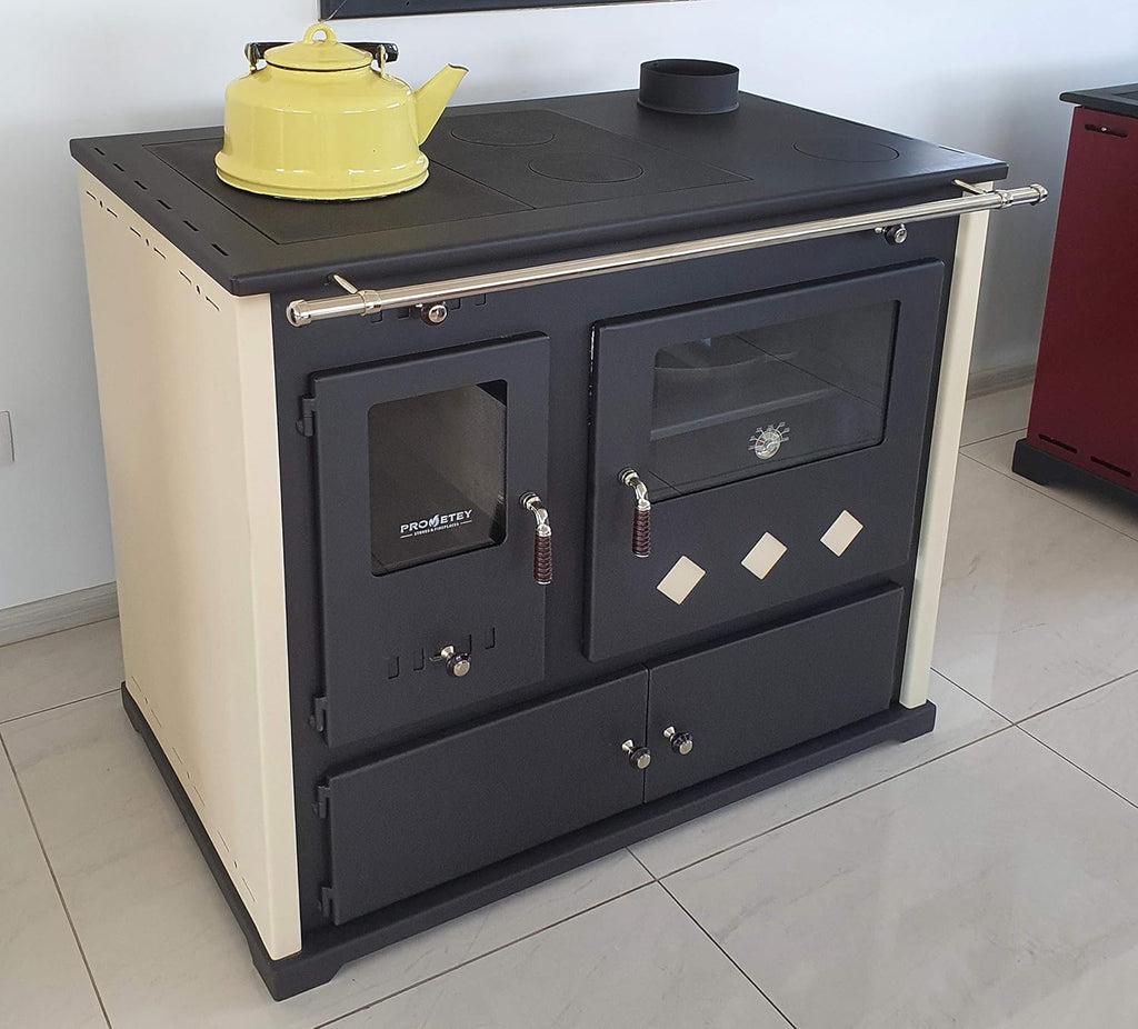 Estufa de leña Practik Lux de metal, 9,5 kW, con compartimento y placa de cocción