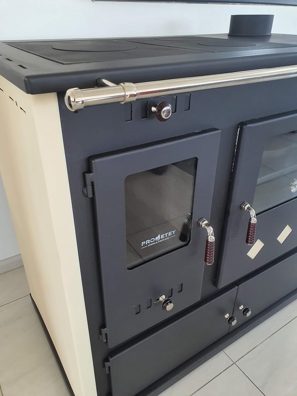 Estufa de leña Practik Lux de metal, 9,5 kW, con compartimento y placa de cocción