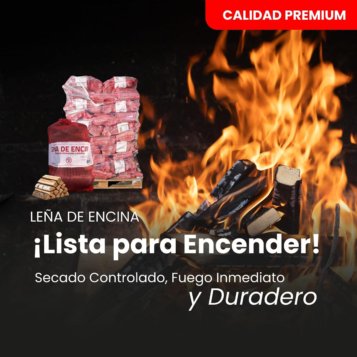 Palet 50 Sacos Leña Encina 12kg Alta Densidad 600kg Total Madera Dura Natural Fuego Lento Calor Intenso&nbsp;