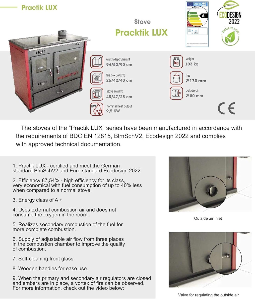 Estufa de leña Practik Lux de metal, 9,5 kW, con compartimento y placa de cocción