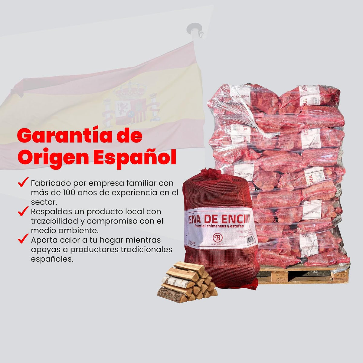 Palet 50 Sacos Leña Encina 12kg Alta Densidad 600kg Total Madera Dura Natural Fuego Lento Calor Intenso&nbsp;