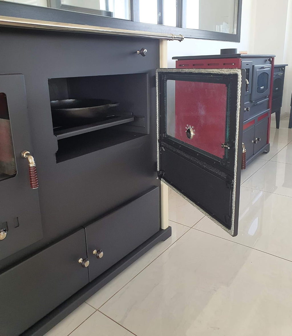 Estufa de leña Practik Lux de metal, 9,5 kW, con compartimento y placa de cocción