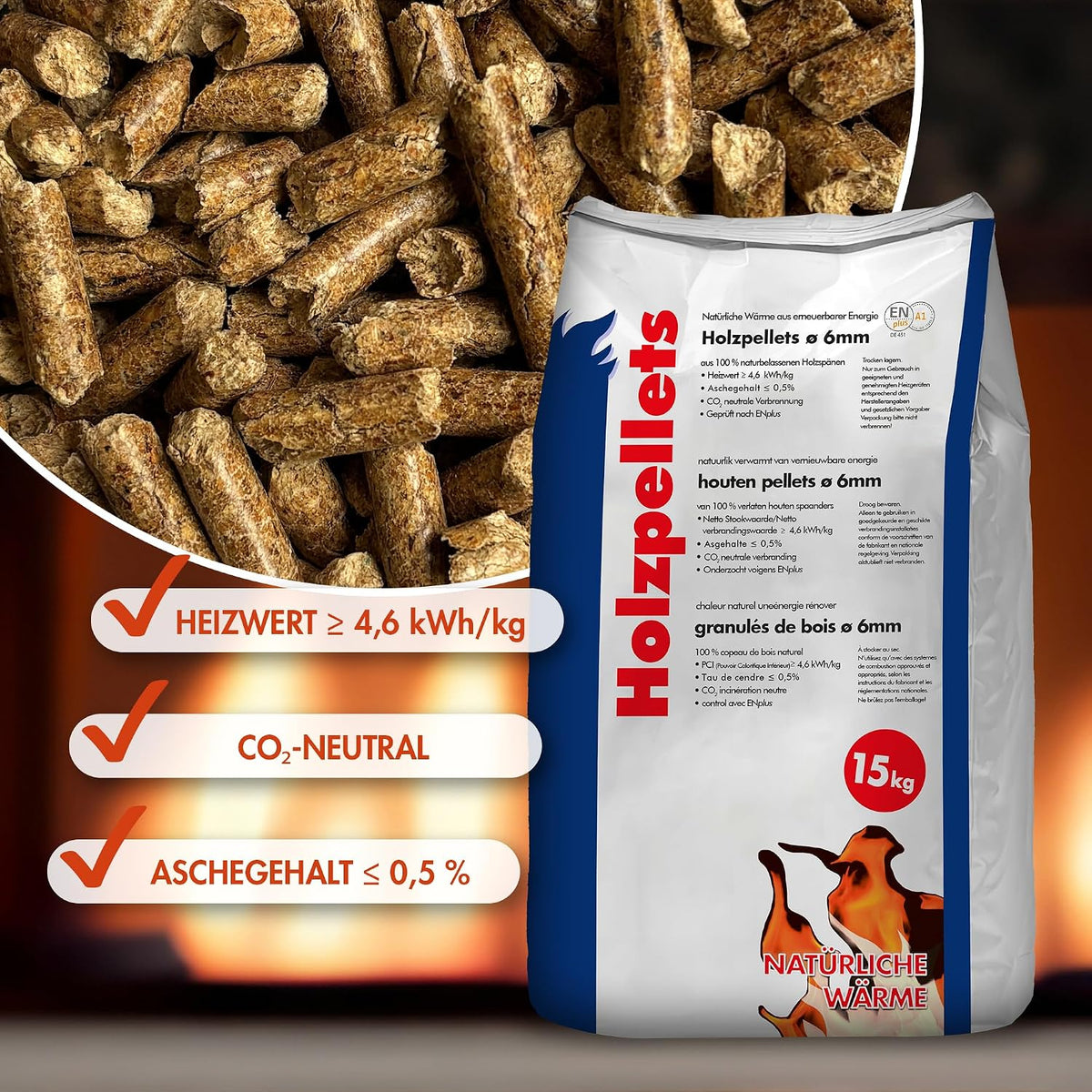 Pellets de madera, 70 x 15 kg, 6 mm, paleta completa, 1050 kg