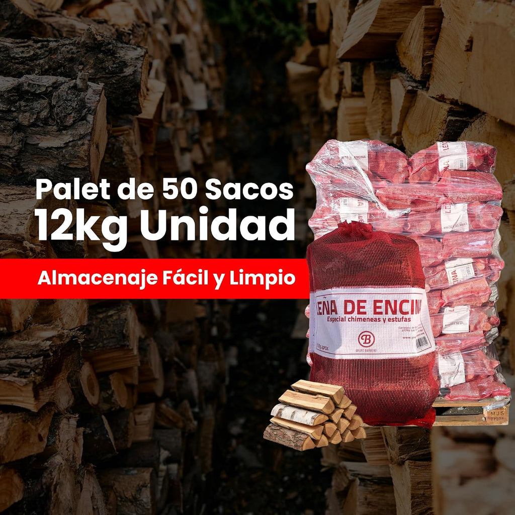 Palet 50 Sacos Leña Encina 12kg Alta Densidad 600kg Total Madera Dura Natural Fuego Lento Calor Intenso&nbsp;