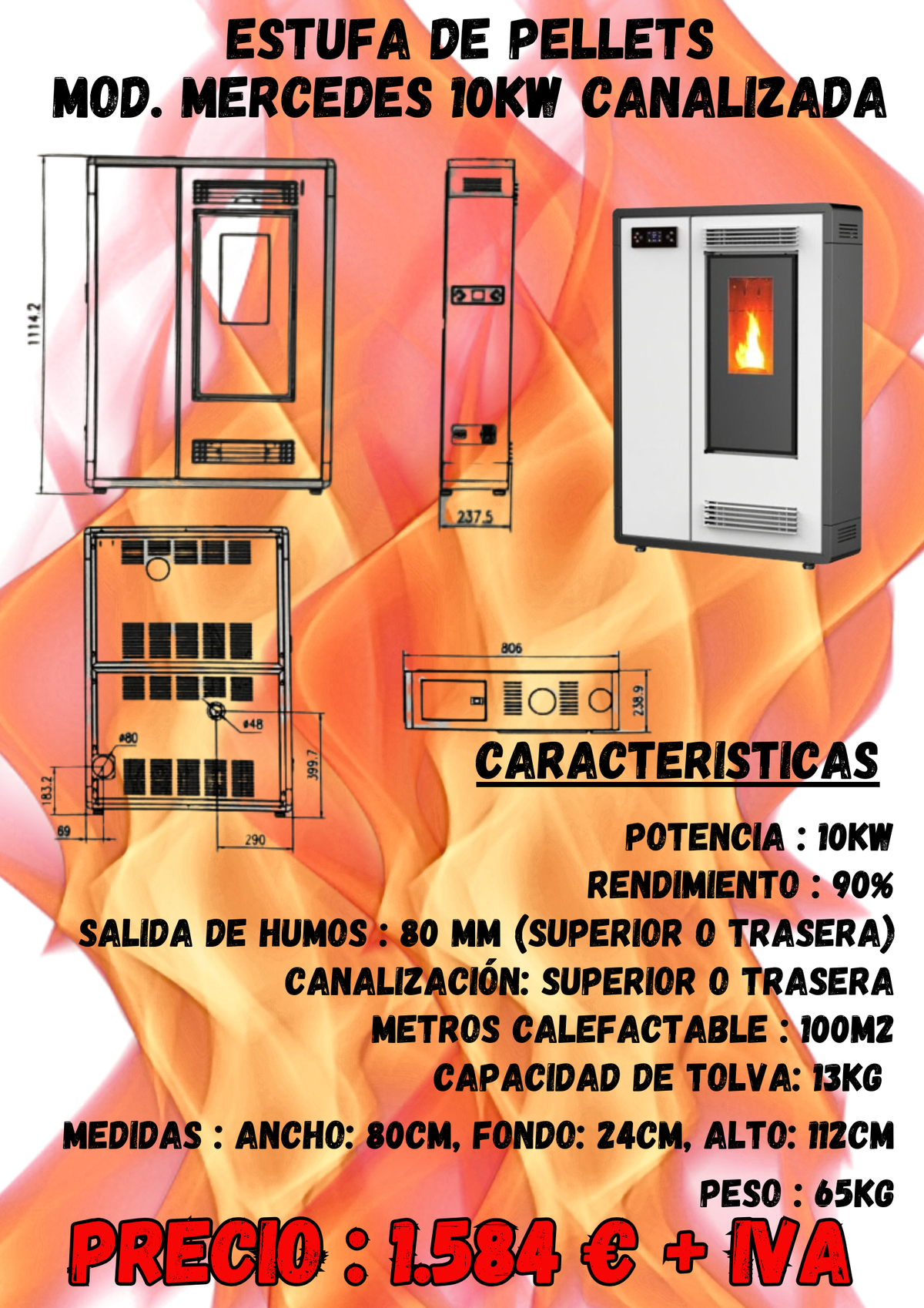 Estufa de pellets canalizable pasillera – Modelo Mercedes 10 kW